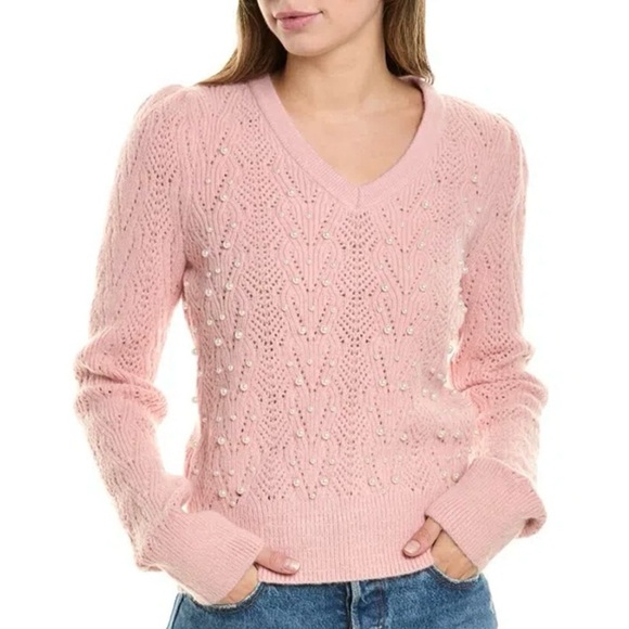 NWT Nanette Lenore Pearl Knit Sweater M Pink Chunky Romantic V Neck - Picture 1 of 11